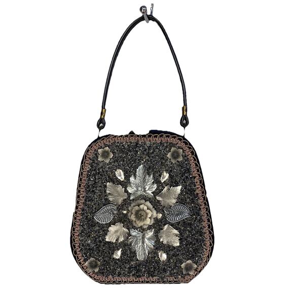 🖤 Vintage Whimsy Goth Black Beaded Floral Handbag ✨ Wednesday Vibes - Picture 1 of 14